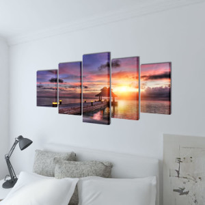 Set Tablouri De Pânză Imprimeu Plajă Cu Pavilion, 200 X 100 Cm