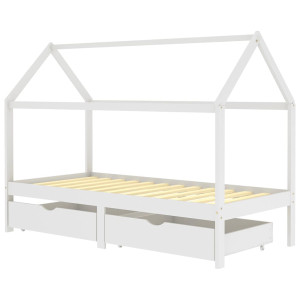 Cadru De Pat Copii Cu Sertare Alb 90 X 200 Cm Lemn Masiv De Pin