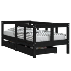 Cadru De Pat Copii Cu Sertare, Negru, 70X140 Cm, Lemn Masiv Pin