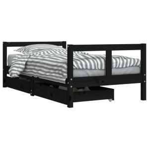 Cadru De Pat Copii Cu Sertare, Negru, 80X160 Cm, Lemn Masiv Pin
