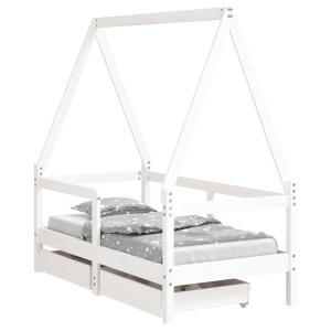 Cadru De Pat Copii Cu Sertare, Alb, 70X140 Cm, Lemn Masiv Pin