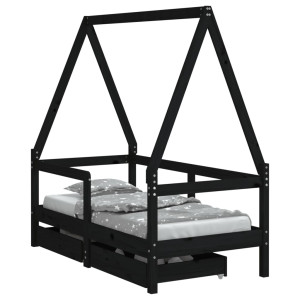 Cadru De Pat Copii Cu Sertare, Negru, 70X140 Cm, Lemn Masiv Pin