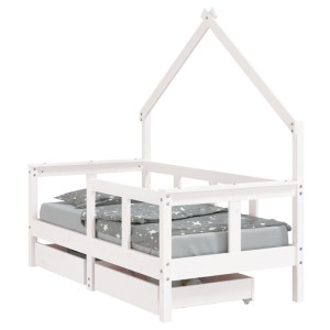 Cadru De Pat Copii Cu Sertare, Alb, 70X140 Cm, Lemn Masiv Pin