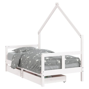 Cadru De Pat Copii Cu Sertare, Alb, 80X160 Cm, Lemn Masiv Pin