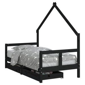 Cadru De Pat Copii Cu Sertare, Negru, 80X160 Cm, Lemn Masiv Pin