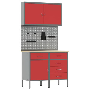 Banc De Lucru Cu Sertar 5 Pcs Roșu 100 X 55 X 200 Cm Oțel